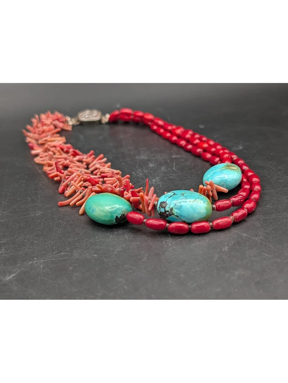 Vintage Large Turquoise Red Coral Branch 925 Sterling Silver Statement Necklace